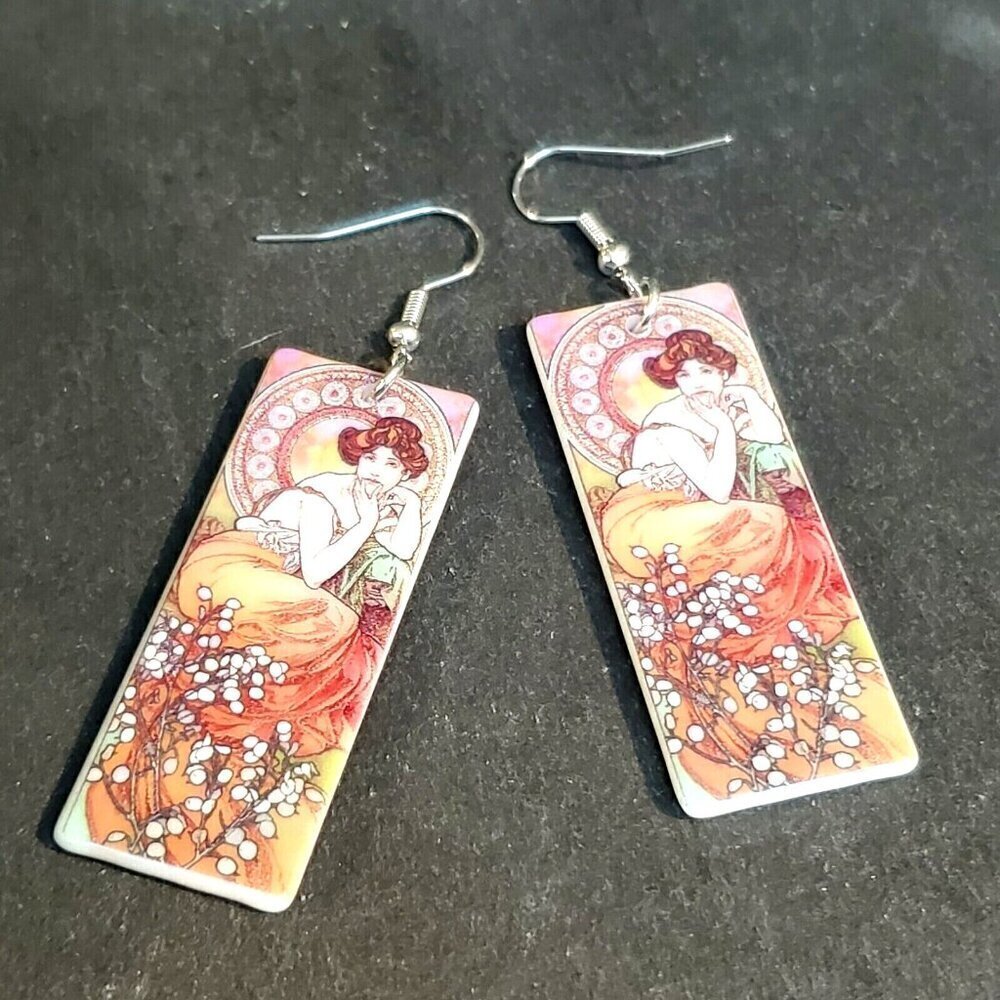 Art Nouveau Alfonse Mucha Painting Lucite Acrylic Rectangle Pendant Earrings
